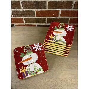 Pier 1 Imports Hand-Painted Jolly Holiday Snowman Christmas Snack 6" Plates 4 Pc